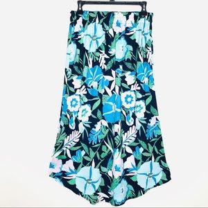 LOFT | Tropical Floral Midi Skirt Elastic Waist with Pockets Blue Green Pink